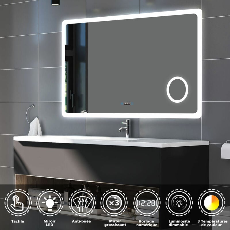 Biubiubath - Miroir anti-buée avec horloge, 3 en 1 éclairage blanc froid chaud neutre anti buée tactile mural miroir lumineux cosmétique de