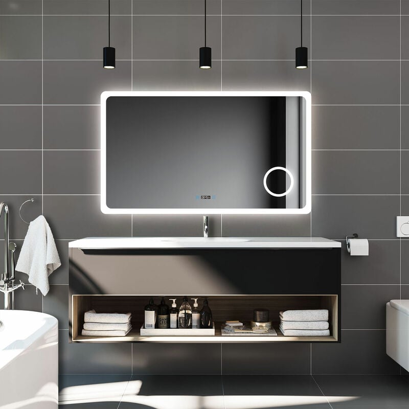 Biubiubath - Miroir anti-buée avec horloge, 3 en 1 éclairage blanc froid chaud neutre anti buée tactile mural miroir lumineux cosmétique de