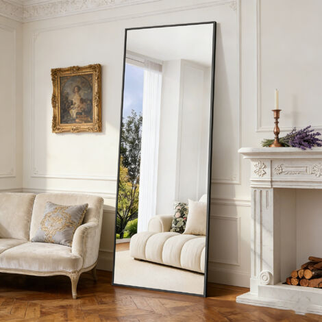 Miroir arc métal noir 177 x 77 cm, Miroir de Sol Rectangulaire, Pleine Longueur avec Cadre en Aluminium, Grand Miroir Mural Moderne, Verre Trempé, HD