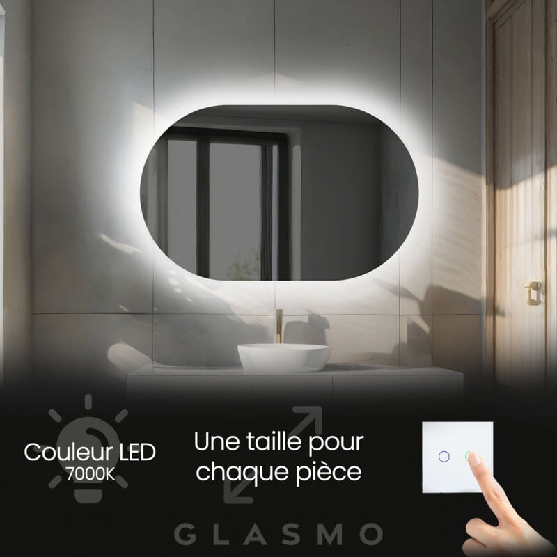 Miroir LED Lumineux 120x50 cm Ariana - Horizontal Ovale de Salle de Bain Mural avec éclairage Blanc Froid 7000K