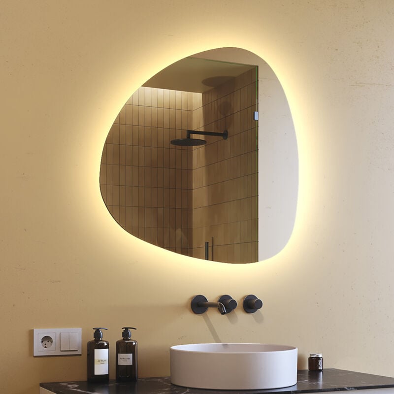 Miroir asymétrique avec lumiere LED 74x74 cm Miroir de Salle de Bain Blanc Chaud 3000K JAJ221