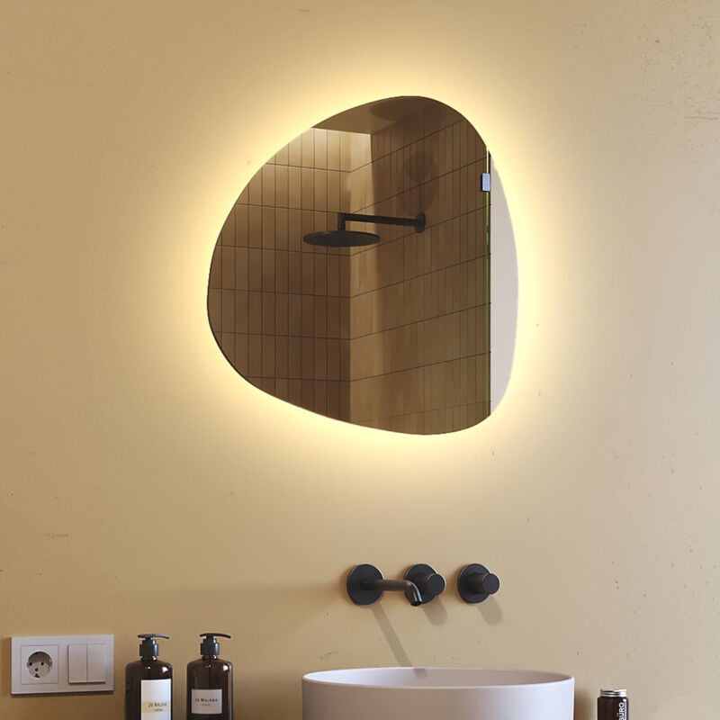 Miroir asymétrique avec lumiere led 54x54 cm Miroir de Salle de Bain Blanc Chaud 3000K JAJ221