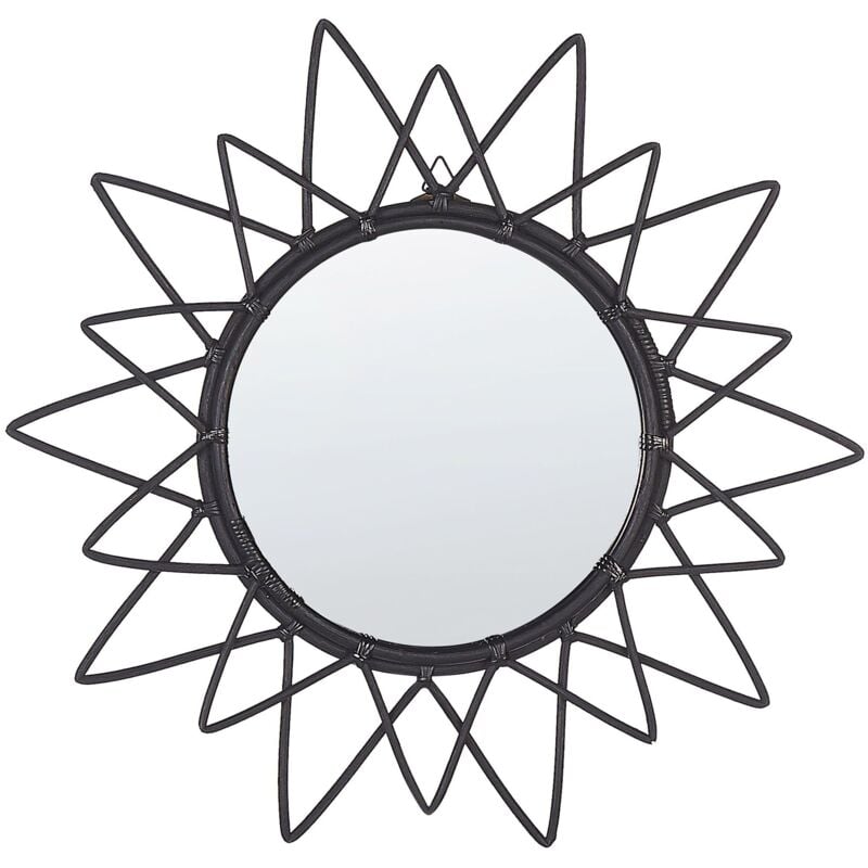 Beliani - Miroir Mural Moderne Rond avec Cadre en Rotin Forme de Soleil ø 61 cm Noir Aroek