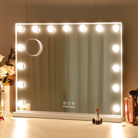 Miroir avec lampe peut ajuster 3 effets de lumière accroché au mur / Bureau double usage miroir de maquillage miroir de salle de bain grande taille blanc 58cm x 46cm blanc FENCHILIN