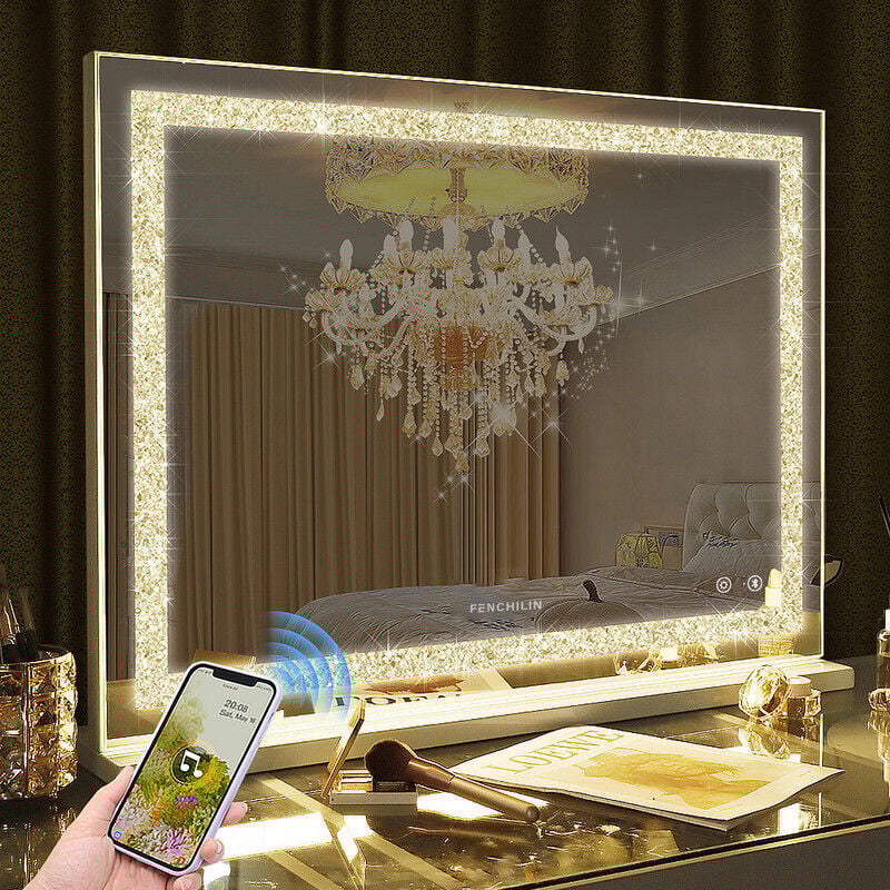 Fenchilin - Miroir avec Lumière miroir avec Bluetooth peut ajuster 3 effets de lumière accrocher mur / Bureau double usage maquillage Miroir salle de