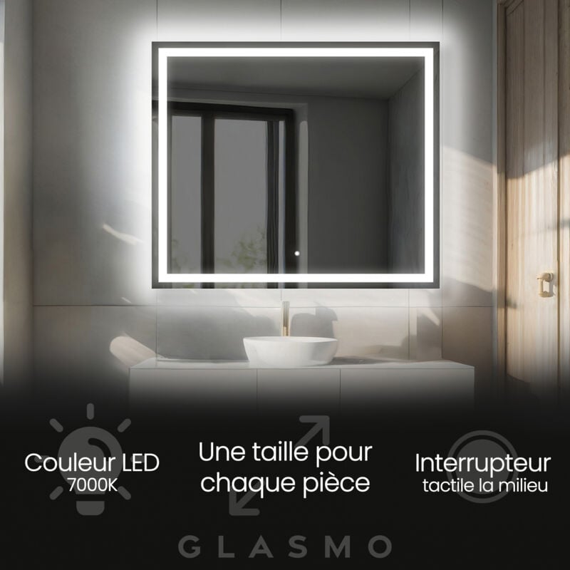 Foram - Miroir lumineux de salle de bain 70x60 cm Bella - Horizontal Rectangulaire Moderne Miroir avec led Illumination - Blanc Froid 7000 k avec