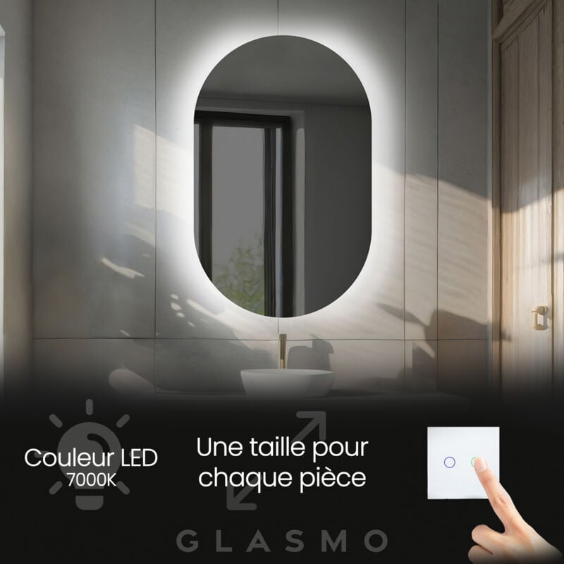Foram - Miroir Salle de Bain led 60x140 cm Bianca - Vertical Ovale Miroir Mural Avec Éclairage Intégré Miroir Lumineux - Blanc Froid 7000 k