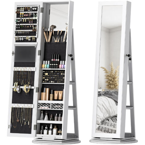 miroir bijoux rotatif 360° 3 en 1 étagères porte verrouillable 55x55x161 blanc dressing