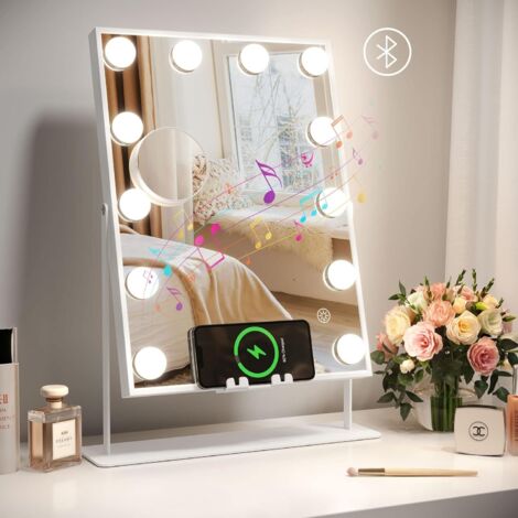 Fancii Miroir Grossissant 10x Lumineux, Rechargeable Avec 3 Réglages D'éclairage LED - Ventouse Forte, Lumière Tactile à Intensité Variable, Sans Fil (Mira 2