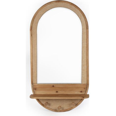 Miroir bois naturel avec patère et étagère entrée élégante - Bois naturel et détails beige clair