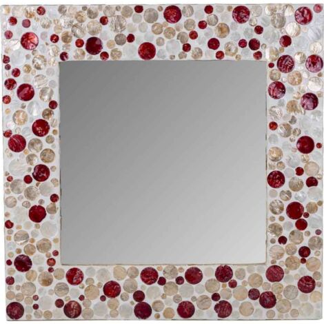 Miroir carré en bois finition capiz touches rouges et crème - Marron nacré rouge crème