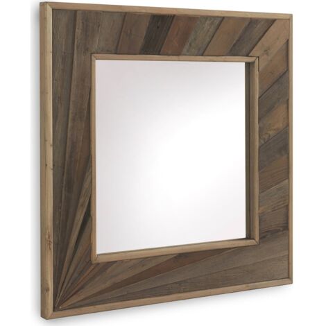 Miroir carré en bois naturel finition rustique à suspendre - bois naturel effet vieilli rustique