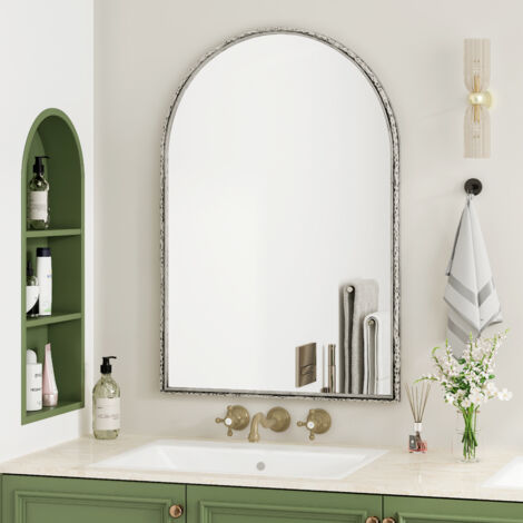 Miroir cintré, miroir mural pour salle de bain, miroir de coiffeuse ou décoration murale en arche pour salon, chambre, entrée, argenté