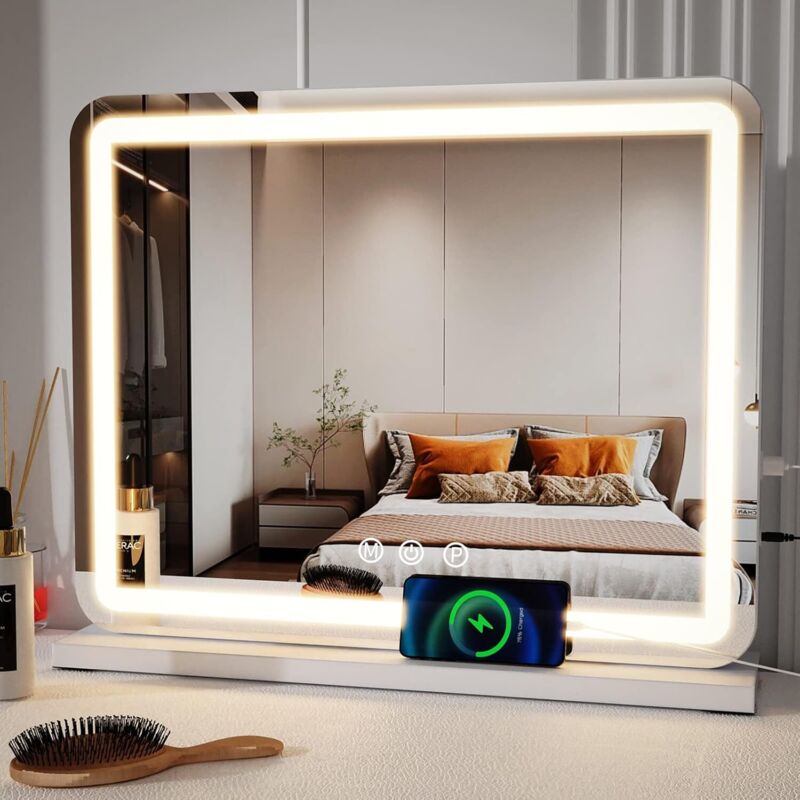 Miroir Coiffeuse 58 x 48cm, Miroir LED Hollywood Contrôle Tactile, 3 Modes de Couleur, Luminosité Réglable, Port USB, Miroir de Table et de Mur,Blanc