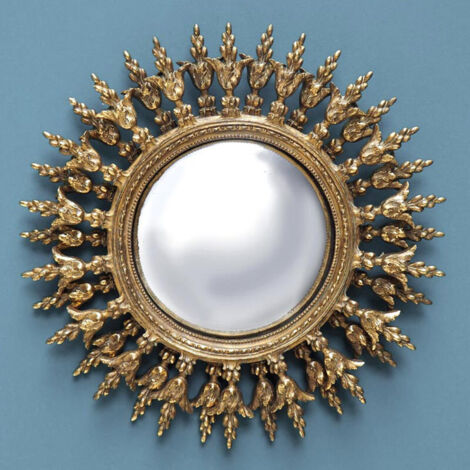 Miroir Convexe Doré Mural Rond Résine Soleil - Diamètre 28.5cm