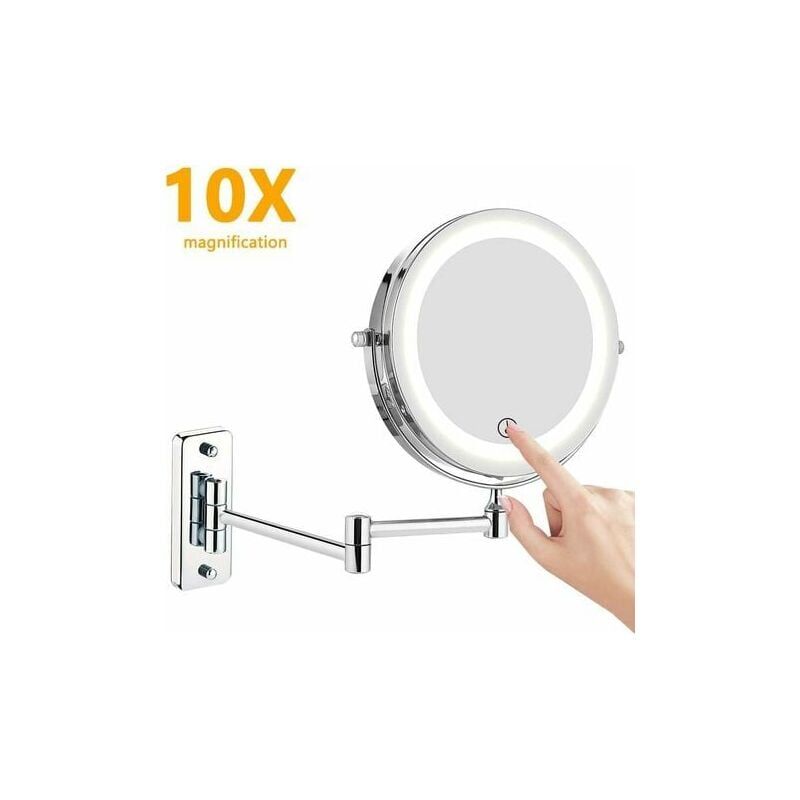 Miroir cosmétique à led - 1 x / 10 - Montage mural - Double face - Miroir de maquillage pivotant à 360° - Miroir de maquillage pliable - Miroir de