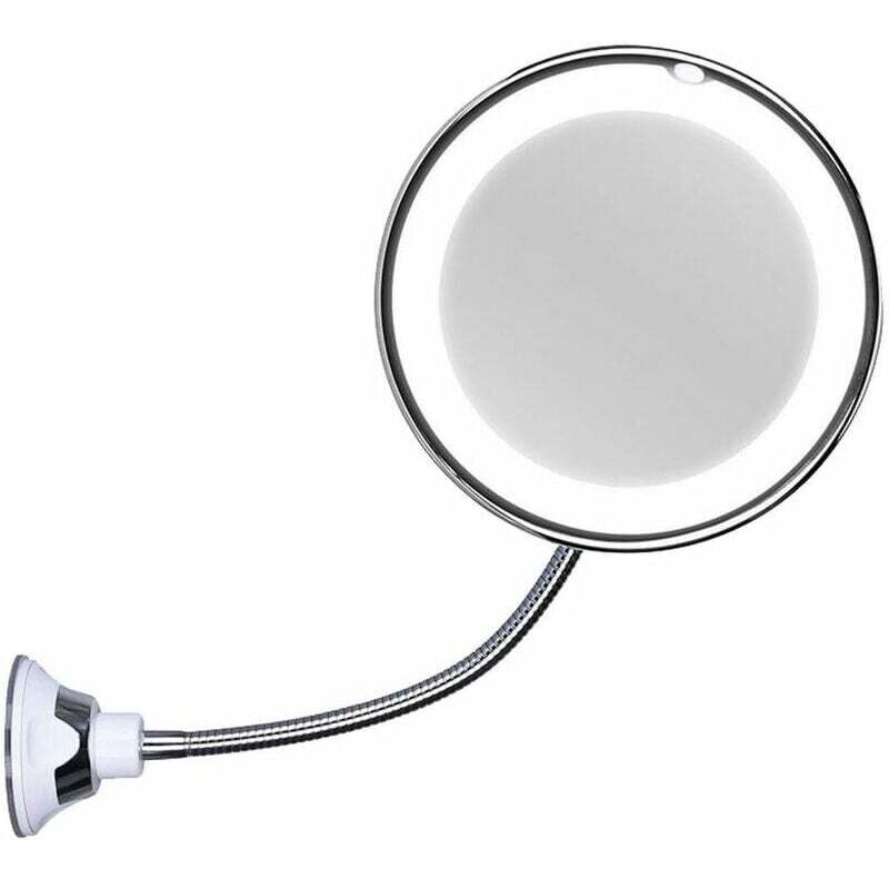 Miroir cosmétique avec col de cygne, grossissement 10x, éclairé par led, avec ventouse puissante, orientable à 360 degrés, lumière du jour, à piles,