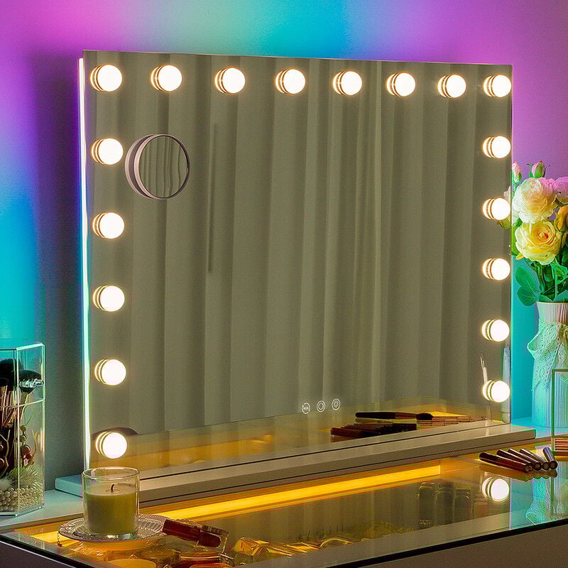 Miroir de courtoisie hollywoodien avec lumière RGB, Miroir de salle de bain, 80 cm x 58 cm, Miroir de courtoisie avec 18 ampoules LED à intensité