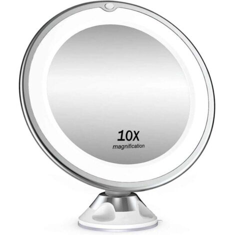 Miroir cosmétique grossissant x 10, éclairage LED, pivotant à 360°, miroir de rasage avec ventouse, pour la maison et les voyages, blanc