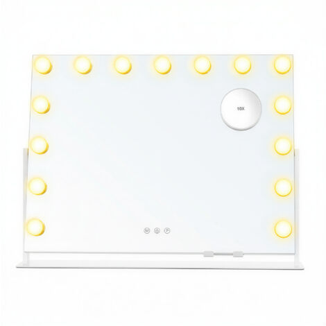 Miroir Cosmétique LED avec 15 Ampoules, Grossissant 10x, Port de Charge, pour Coiffeuse, Support Téléphone, Blanc