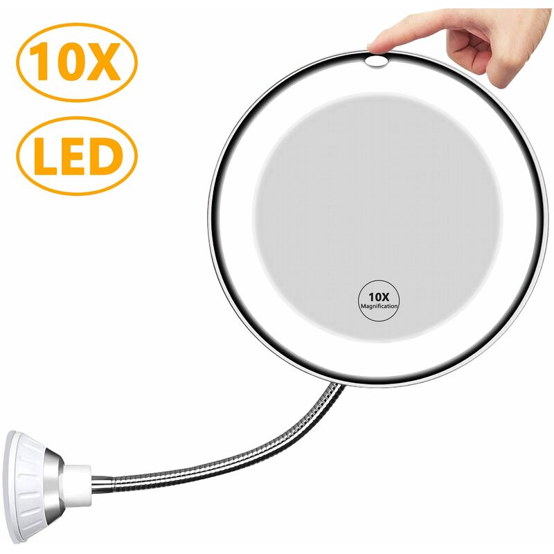 Miroir de maquillage flexible à col de cygne LED grossissant x10,11,5' ,ventouse à verrouillage électrique, pivotant à 360 degrés, miroir de
