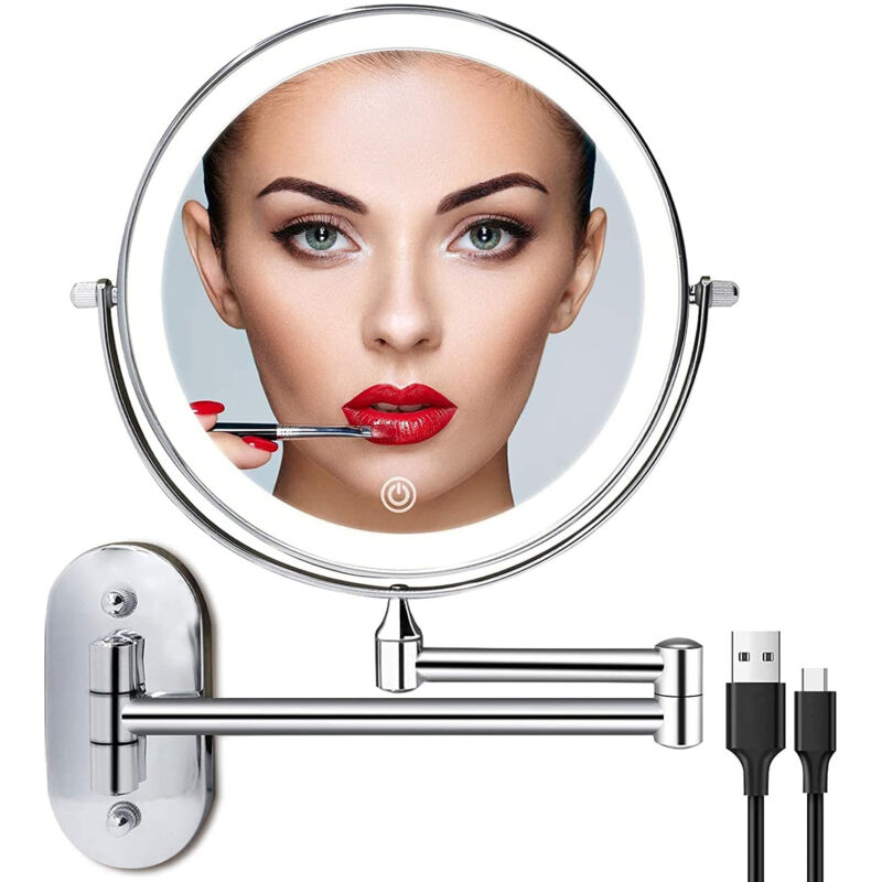 Miroir cosmétique rechargeable avec éclairage led, miroir de maquillage grossissant 10X pour salle de bain