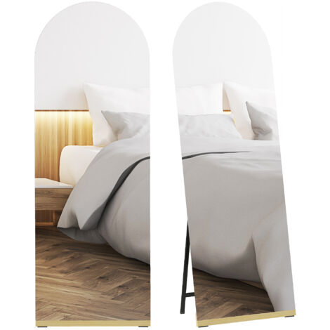 Miroir courbé corps entier 160x50 cm sans cadre, base bois, debout ou appuyé mural, transparent