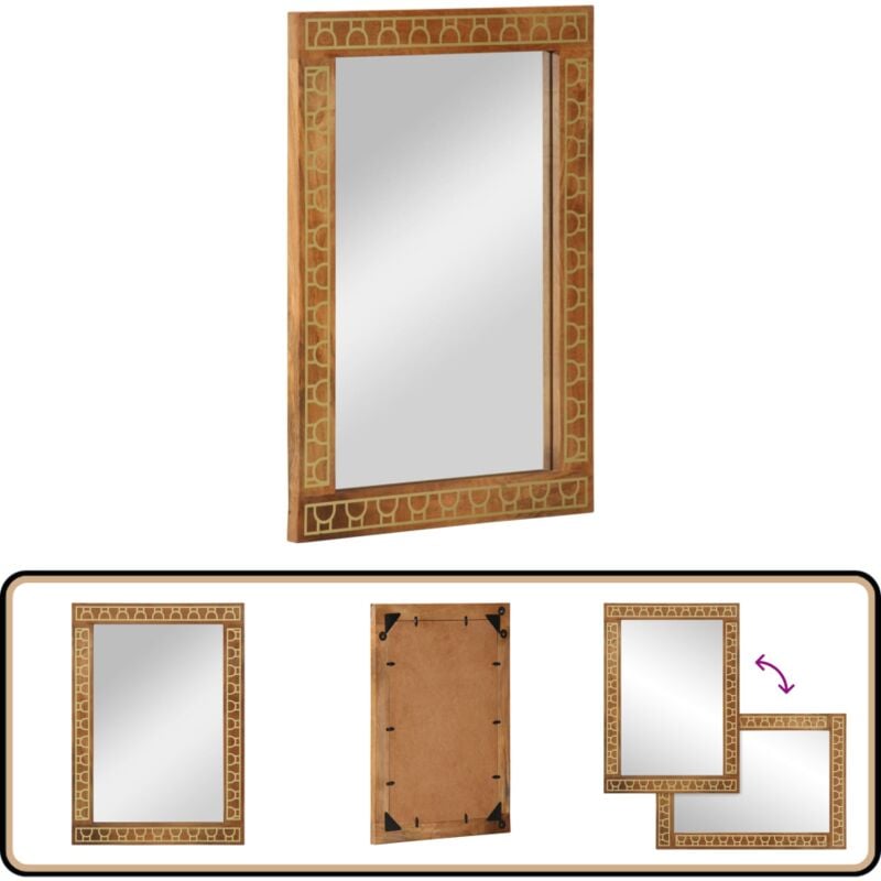 Miroir de bain 50x70x2,5 cm bois de manguier massif et verre - Miroir De Salle De Bain - Miroir Décoratif - Miroir Mural - Miroir Design - Miroir