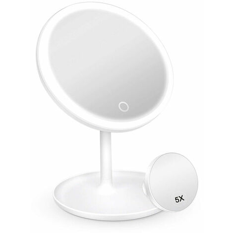 Miroir de courtoisie à 3 modes d'éclairage à LED avec lumière, miroir à grossissement 5X détachable, miroir cosmétique éclairé à chargement USB avec plateau de rangement, blanc，HANBING