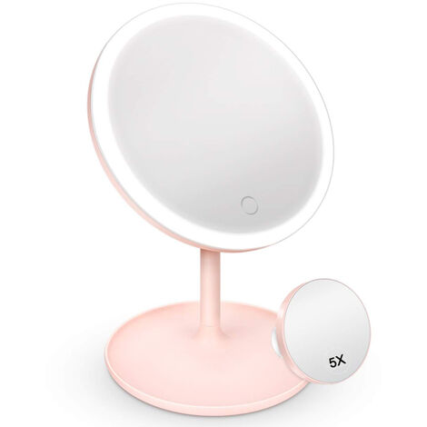 Miroir de courtoisie à 3 modes d'éclairage à LED avec lumière, miroir à grossissement 5X détachable, miroir cosmétique éclairé à chargement USB avec plateau de rangement, rose