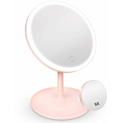 Miroir de courtoisie à 3 modes d'éclairage à LED avec lumière, miroir à grossissement 5X détachable, miroir cosmétique éclairé à chargement USB avec plateau de rangement, rose，HANBING