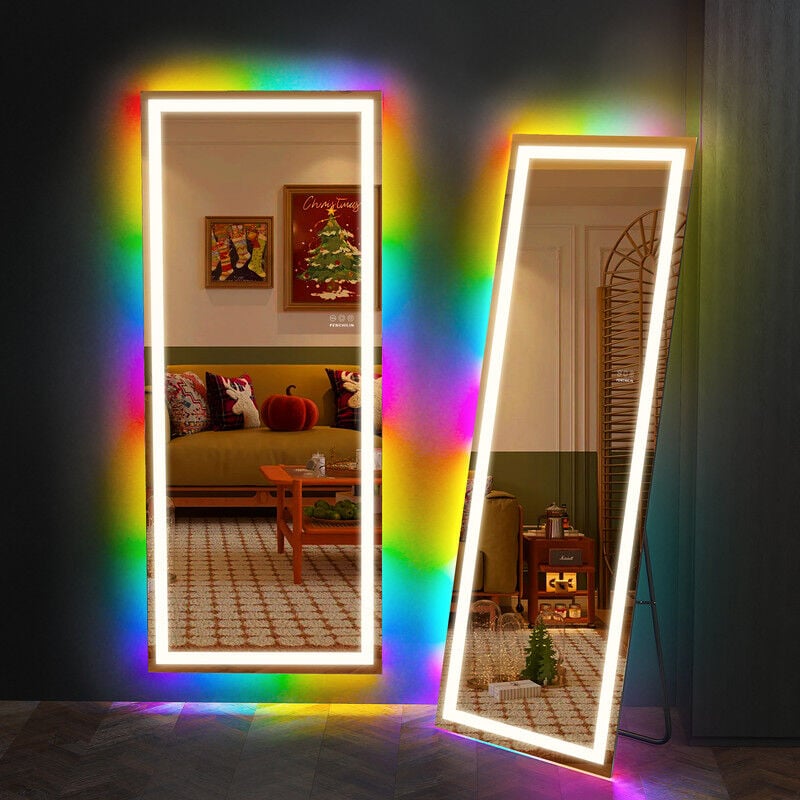 Miroir complet avec fonction rgb, miroir de sol lumineux 160 cm x 65 cm avec éclairage led, grand miroir mural avec fonction Smart Touch Miroir de