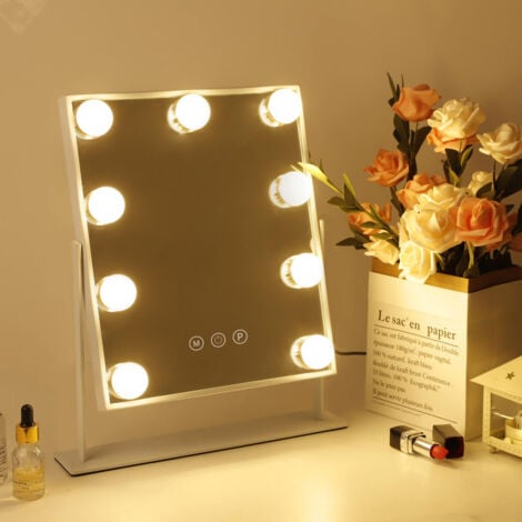 Miroir de courtoisie hollywoodien, 25cm x 30cm Miroir de courtoisie à LED à luminosité réglable en 3 couleurs, avec 9 ampoules LED à intensité variable Blanc FENCHILIN