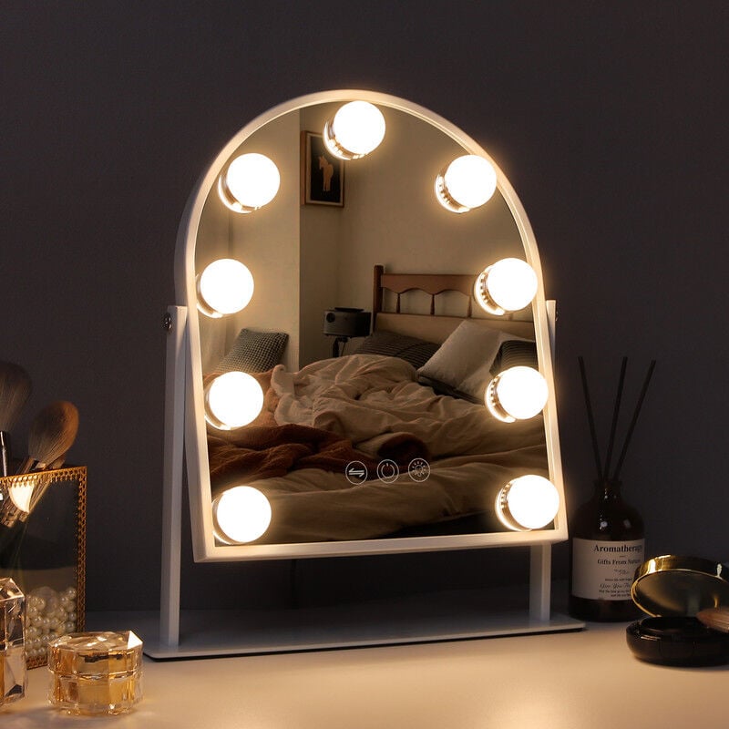 Fenchilin - Miroir de courtoisie hollywoodien arqué, miroir de table 25cm x 30cm, luminosité réglable en 3 couleurs, avec 9 ampoules led dimmables