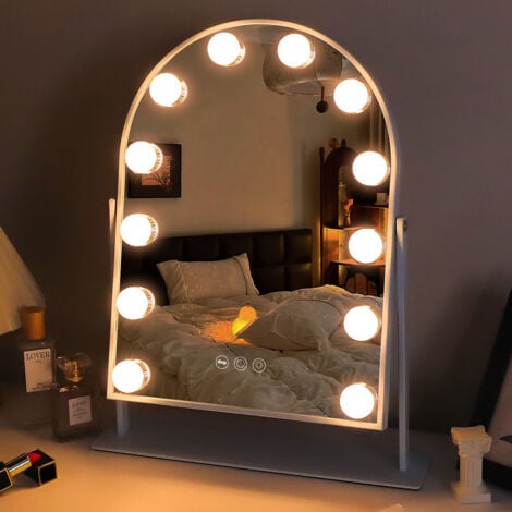 Miroir de courtoisie hollywoodien arqué, miroir de table 30cm x 41cm, luminosité réglable en 3 couleurs, avec 12 ampoules LED dimmables FENCHILIN Blanc