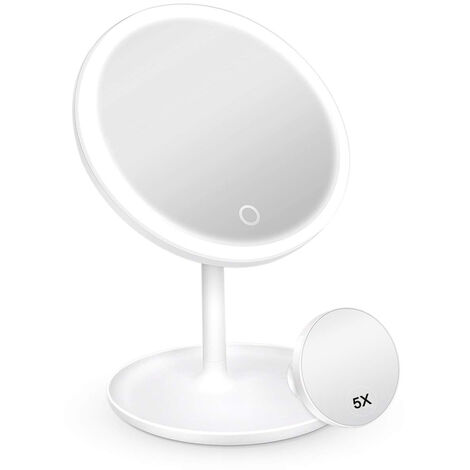 Miroir de courtoisie LED 3 modes d'éclairage couleur avec lumière, miroir grossissant 5X détachable, miroir cosmétique éclairé avec chargement USB avec plateau de rangement