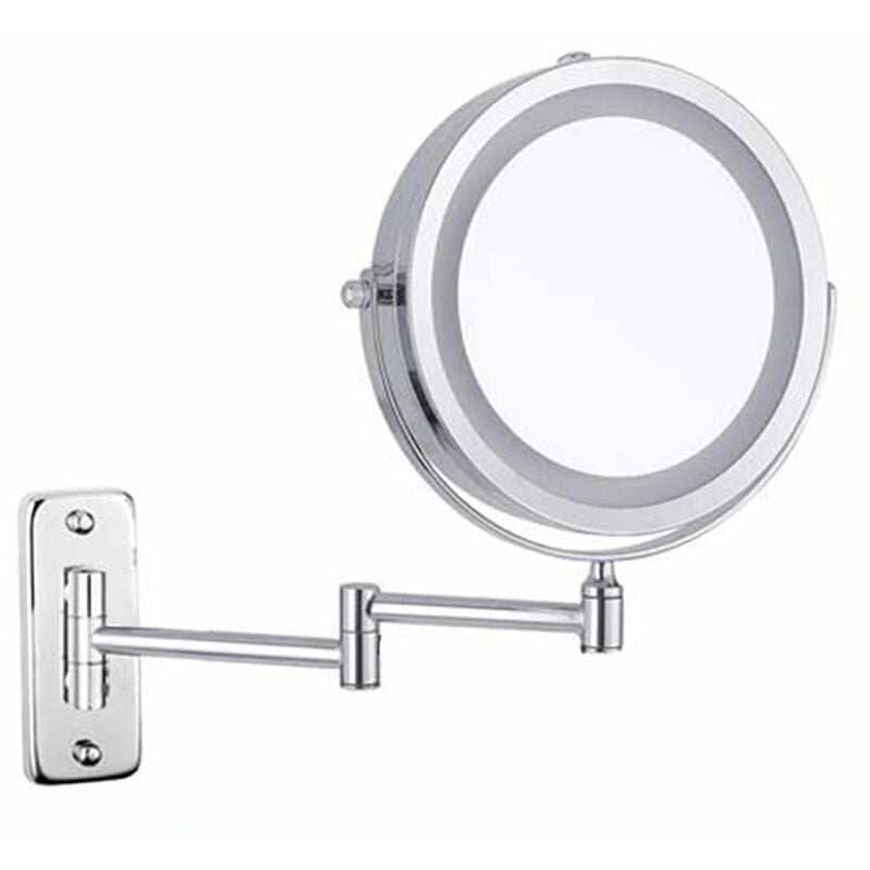 Miroir de courtoisie mural lumineux led double face loupe 10x 360° rotatif rétractable chrome 7 pouces