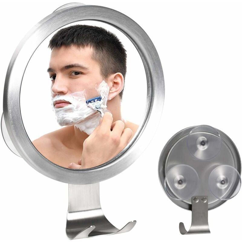 SNQ - Miroir de douche sans buée avec 3 ventouses solides et crochets de rasage, anti-buée et incassable, petit miroir de salle de bain 15 x 15 cm