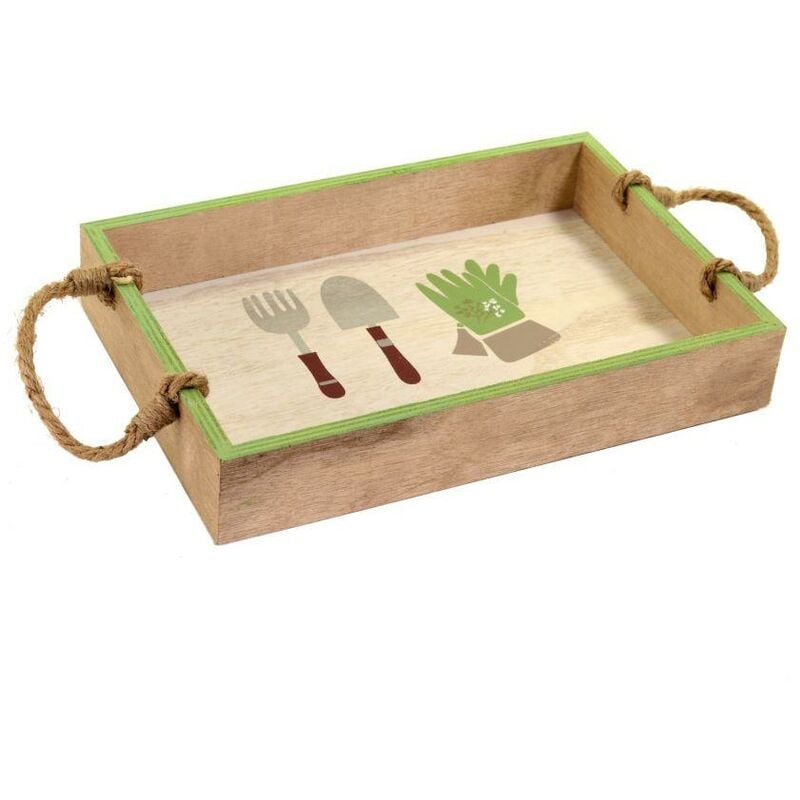 Plateau en bois vert blanc avec poignées rectangulaires en corde cm30x20h5