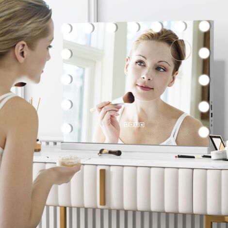 Miroir de Maquillage avec 15 Led Miroir Hollywood à Intensité Variable 3 Couleurs Commande Tactile Intelligente Loupe Mural Ou de Table Blanc DESIGN IN