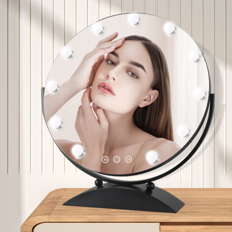 Miroir de maquillage avec ampoule Interrupteur Tactile Luminosité et température de couleur Réglable USB Rechargeables rotatif Pour maquillage,coiffure et rasage（Noir）