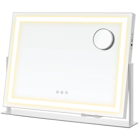 Miroir de Maquillage avec Éclairage, 15 Ampoules LED, Multiprise, Contrôle Tactile, 3 Températures de Lumière, Intensité Réglable, Support de Téléphone, Blanc Mat