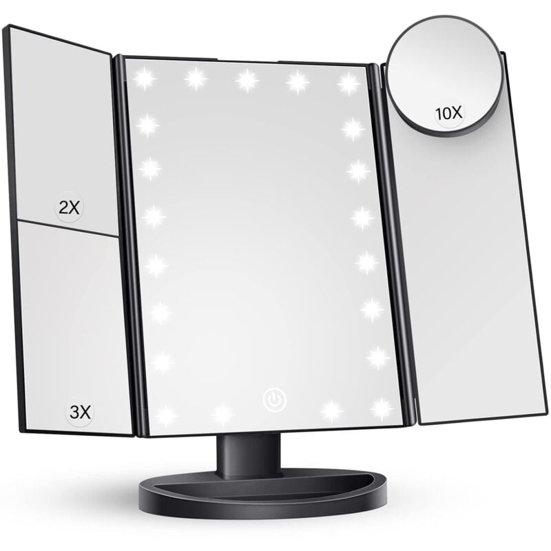 Miroir de maquillage avec éclairage, grossissement x2, x3, x10, commande tactile, pliable en trois parties, noir, 24 cm (l) x 34 cm (l), style