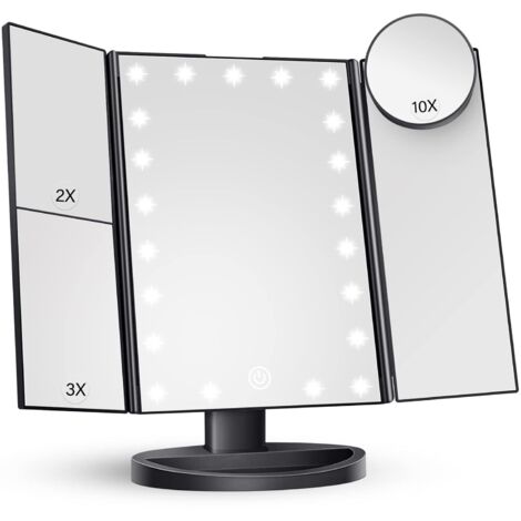 Miroir de maquillage avec éclairage, grossissement x2, x3, x10, commande tactile, pliable en trois parties, noir, 24 cm (L) x 34 cm (l), style contemporain, montage sur meuble-lavabo, salle de bain