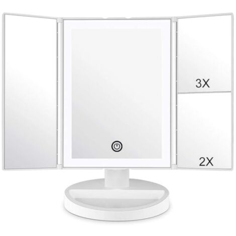 Miroir de Maquillage avec Éclairage LED et Écran Tactile, Grossissement 1X/2X/3X, Rotation Réglable à 180 °, Miroir de Comptoir à Piles et Alimenté par USB (Blanc)