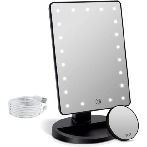 Miroir de maquillage avec éclairage LED grossissant 1X/10X, miroir de maquillage de table éclairé, rotation à 180°, luminosité réglable, miroir de courtoisie portable (noir)