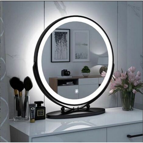 Miroir de maquillage, avec éclairage LED, miroir de maquillage, luminosité réglable à pression longue, grand rechargeable avec gradation de lumière, diamètre de 50 cm