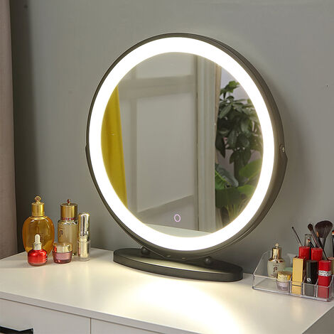 Miroir de maquillage, avec éclairage LED, miroir de maquillage, luminosité réglable à pression longue, grand rechargeable avec gradation de lumière, diamètre de 50 cm