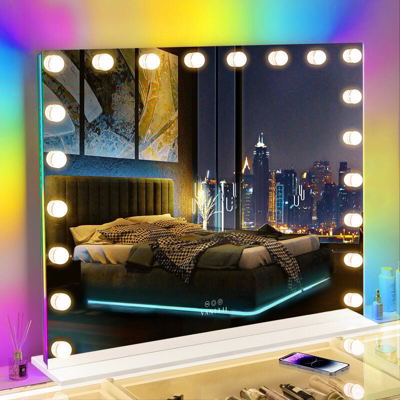Fenchilin - Miroir de maquillage Hollywoodien avec lumière RGB,100cm x 80cm miroir de courtoisie éclairé avec 20 ampoules led graduables, pour le