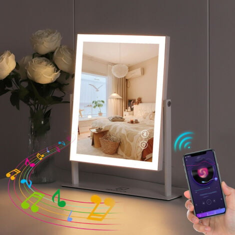 Miroir de maquillage avec lecteur Bluetooth, miroir tactile intelligent avec lecteur de musique, miroir avec lumière LED, blanc 25 cm x 30 cm FENCHILIN